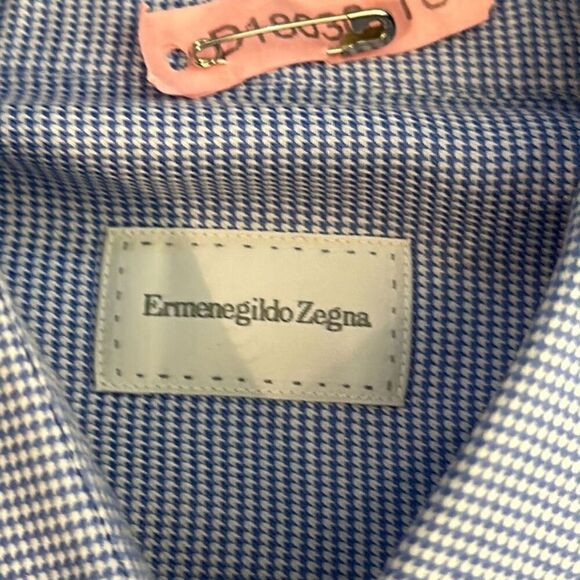 Ermenegildo Zegna Mens Blue White Houndstooth Dress Shirt size 43/17 - Picture 7 of 10